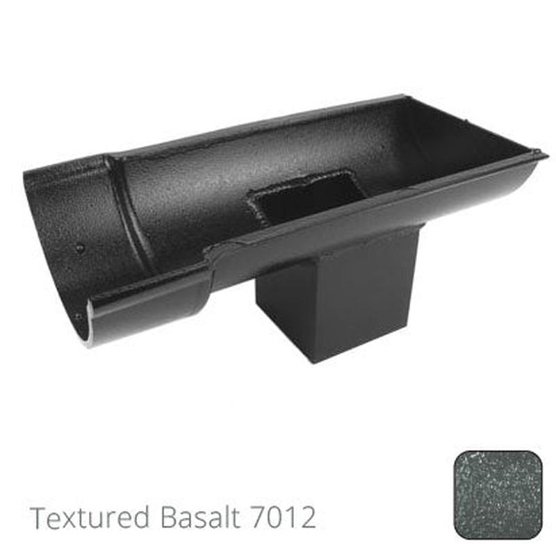 Alumasc 115mm (4.5") Beaded Half Round Cast Aluminium Stop-end Socket Outlet with 75x75mm square outlet pipe - Textured Basalt Grey RAL 7012