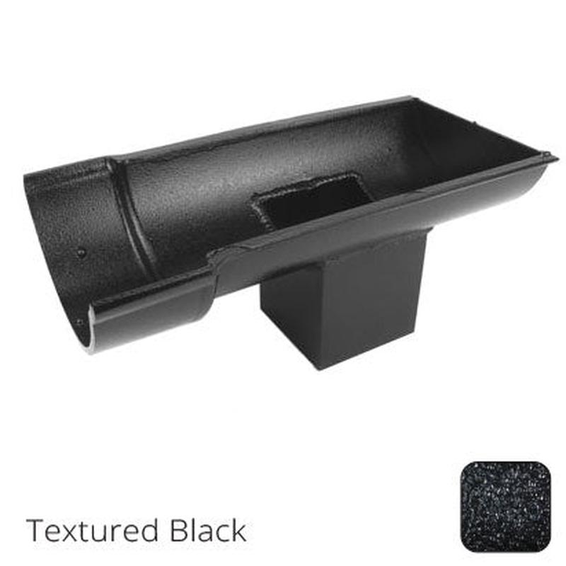 Alumasc 115mm (4.5") Beaded Half Round Cast Aluminium Stop-end Socket Outlet with 75x75mm square outlet pipe - Textured Black