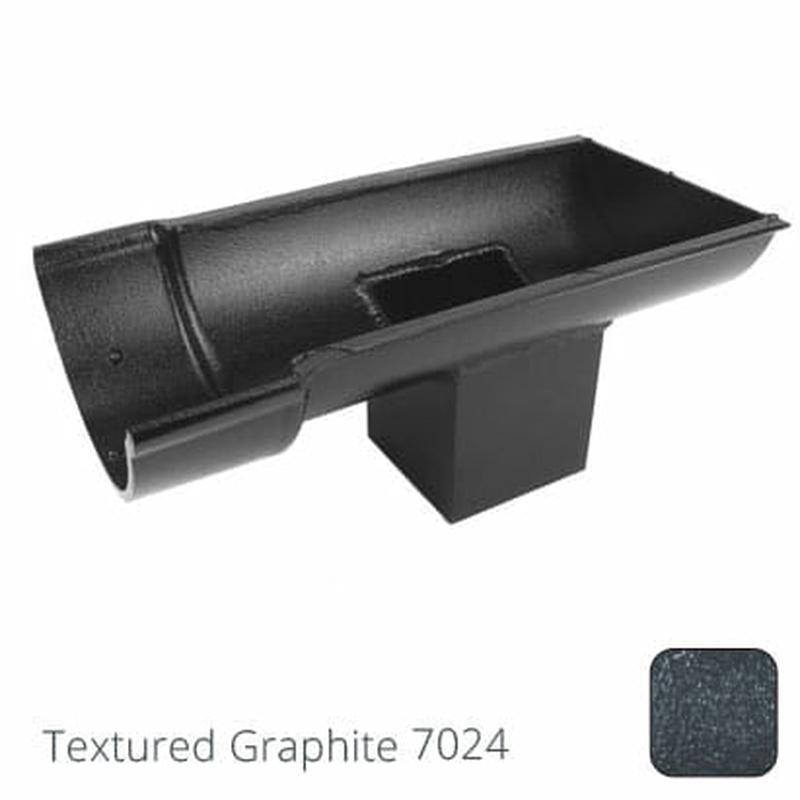 Alumasc 115mm (4.5") Beaded Half Round Cast Aluminium Stop-end Socket Outlet with 75x75mm square outlet pipe - Textured Graphite Grey RAL 7024