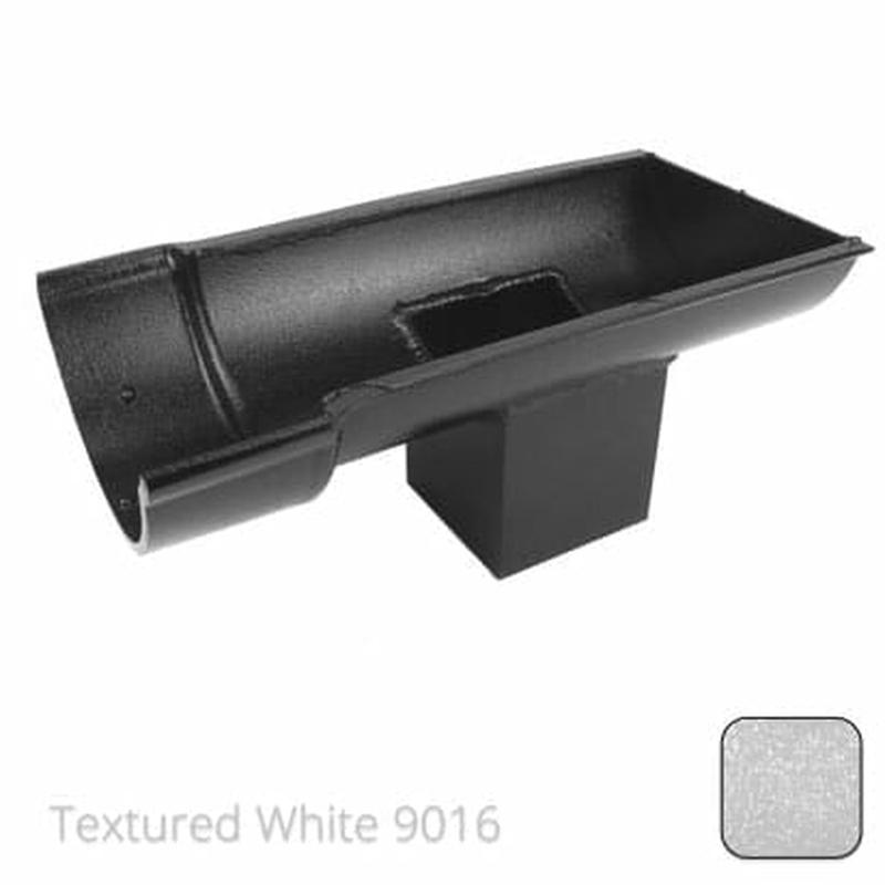 Alumasc 115mm (4.5") Beaded Half Round Cast Aluminium Stop-end Socket Outlet with 75x75mm square outlet pipe - Textured Traffic White RAL 9016